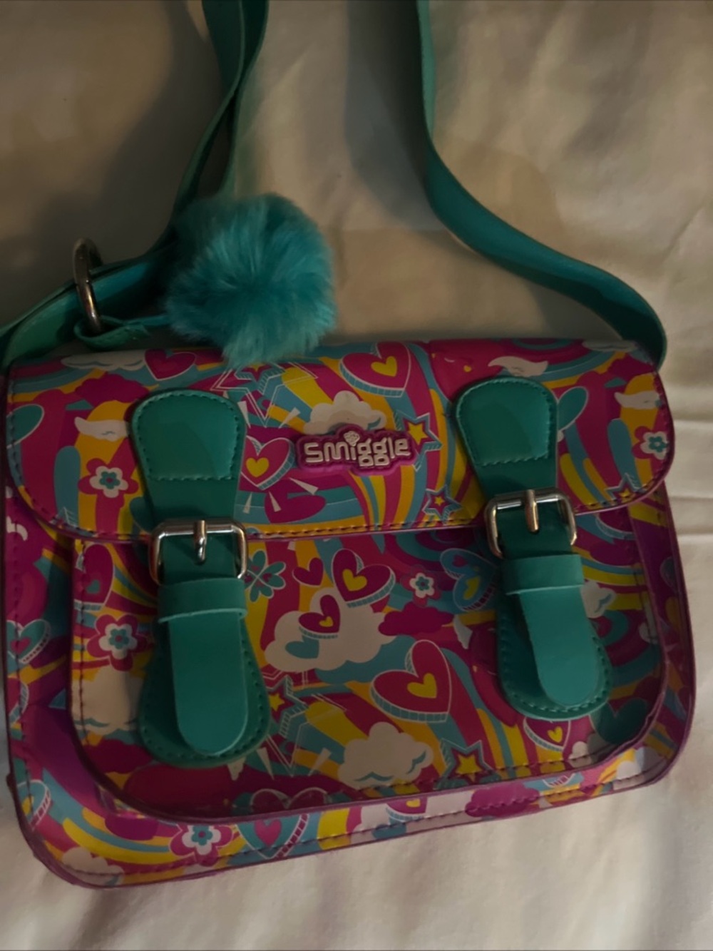 Kids Teal & Pink Rainbow Satchel with Pom Pom Charm